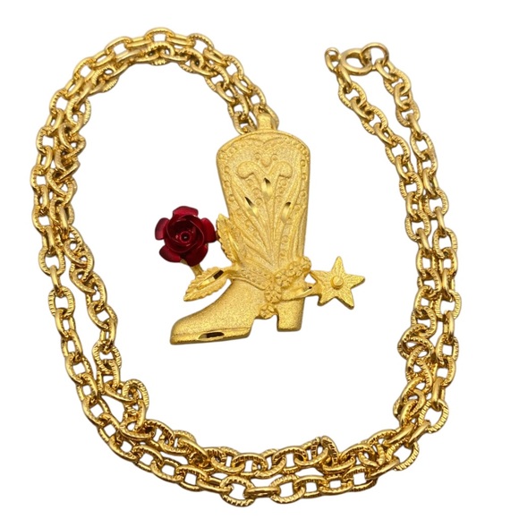 Country Western Style Cowboy Boot w/Rose Pendant Necklace Gold-Tone - Picture 1 of 10